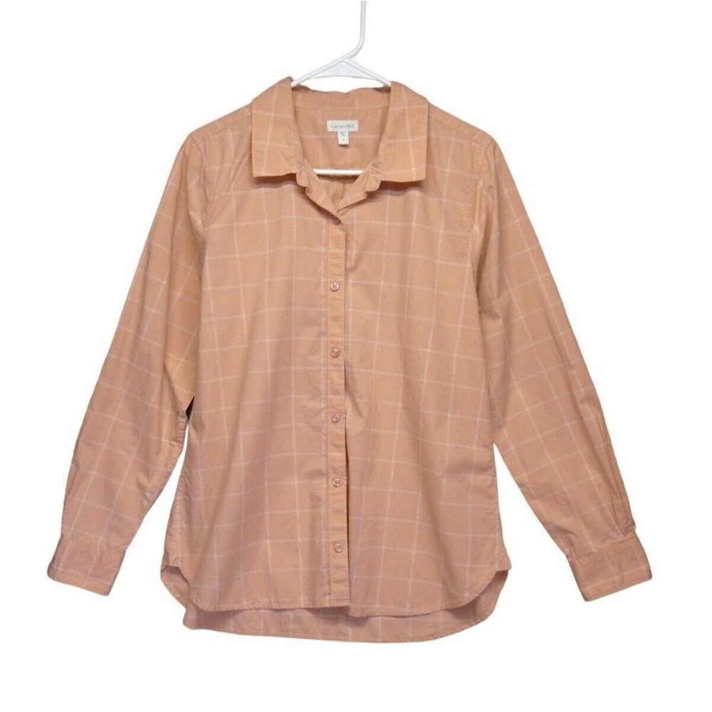 Garnet Hill Shirt Womens 8 peach coral‎ white Plaid 100% Pima Cotton Button Up